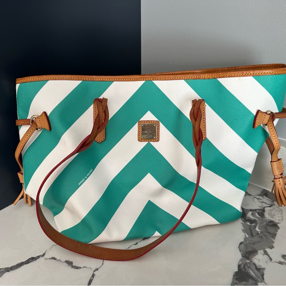 Dooney & Bourke Aqua and White Chevron Tote